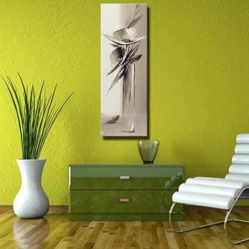Beautiful grey abstract knife oil painting of flower in a vase for living room decoration on canvas heavy texture