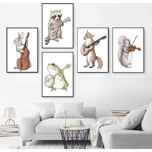 Cartoon Fox Koala Rabbit Guitar Music Wall Art Canvas Painting Nordic Posters And Prints Animal Wall Pictures Kids Room Decor