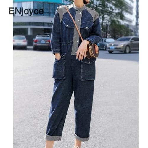 Spring Autumn Jumpsuit Women Vintage Blue Denim Patchwork Elastic Waist Long Sleeve Loose Pockets Ladies Playsuit Jump Suits