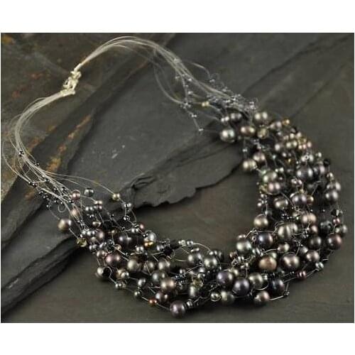 New Arrival 100% Real Pearl Necklace 15 Strand Black Freshwater Pearl Illusion Necklace Handmade Fine Jewelry Women Gift