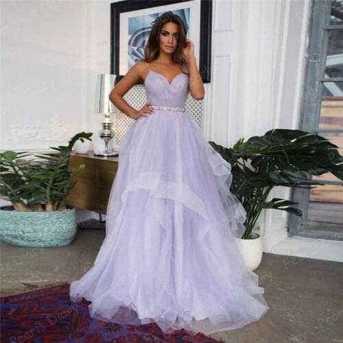 Ruffles Prom Dress 2021 Party Gowns Contoured Sleeveless Beading Evening Dresses Net/Tulle A-line Spaghetti Strap Party Dresses