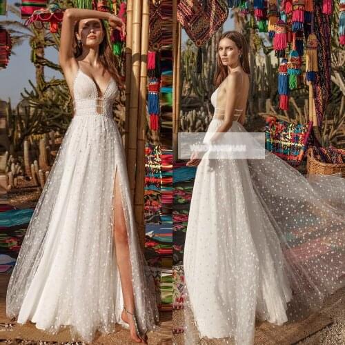 Beach Wedding Dress Boho Lace Tulle And Chiffon Wedding Gowns 2020 Side Slit Elegant Bride Dress Vestidos De Novia Brautkleid
