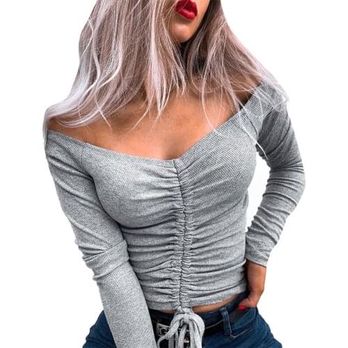 White Polo Shirt Women Clothing Fashion Elegant Female Off Shoulder Drawstring Short Tops Long Sleeve Shirt Women Casual