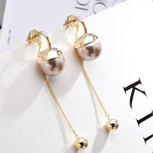 Korean Style Gold Color Metal Oversize Simulated Pearl Tassel Earrings for Women Mujer Alloy Beads Long Drop Earrings Jewelry