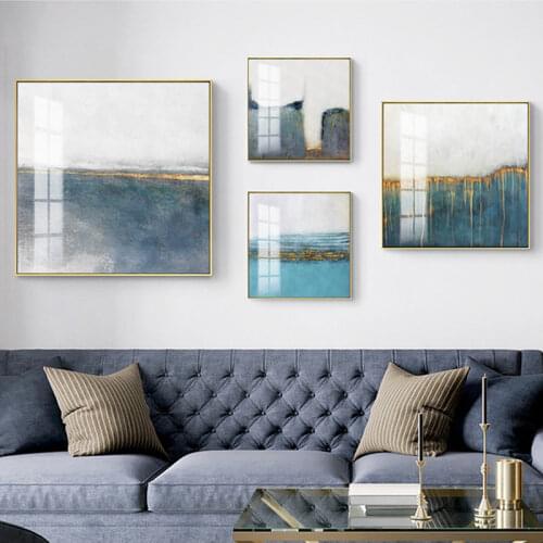 Blue simple abstract decorative painting Nordic style living room paintings porch aisle atmospheric golden square mural wall art