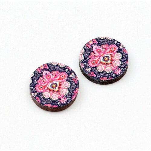Unique 3D Flower Embossed 16mm Round Coloured Drawing pattern Laser Cut wood Cabochon DIY for Rings, Earring,Brooch,Necklace