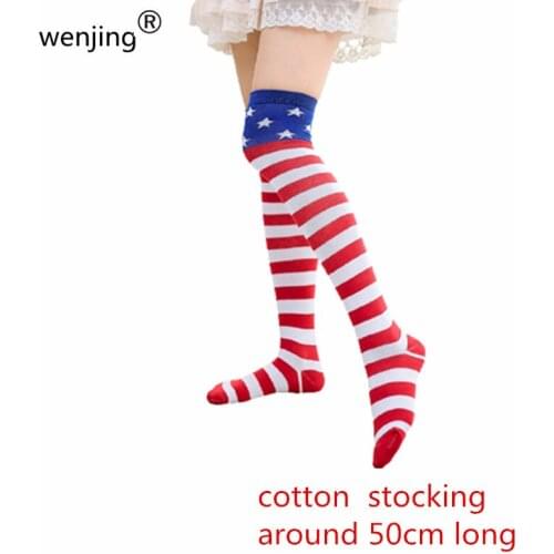 Wj20209A3 Winter Autumn stripe and star US flag design thigh high long hosiery girl braiding tube socks cotton stocking