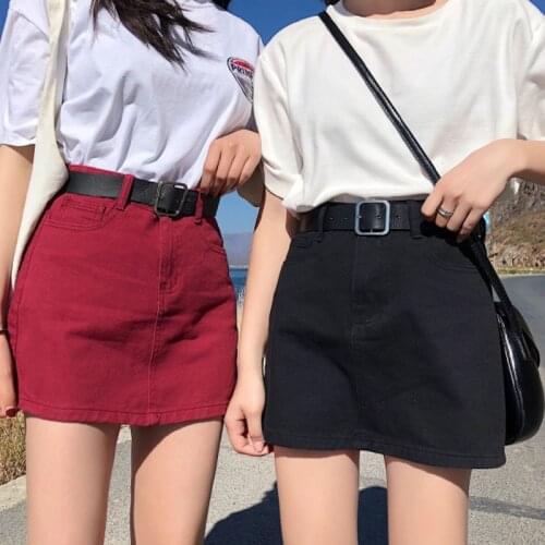 Richkeda Store New 2021 Denim Skirt High Waist A-line Mini Skirts Women Summer New Pockets Red Black Jean Skirt School Young