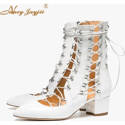 Summer Motorcycle Ankle Boots Pointed Toe Cross-tied Zipper Women Shoes Lady Ladies Fashion Dress Rome Nancyjayjii 2019