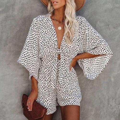 Womens 2021 summer new style polka dot tie V-neck casual jumpsuit shorts skirt