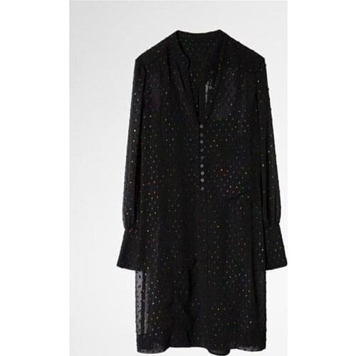 Woman Black Dress Colorful Beaded Embroidered Front Buttoned Long Sleeves Fashion Autumn Winter Short Dress 2020