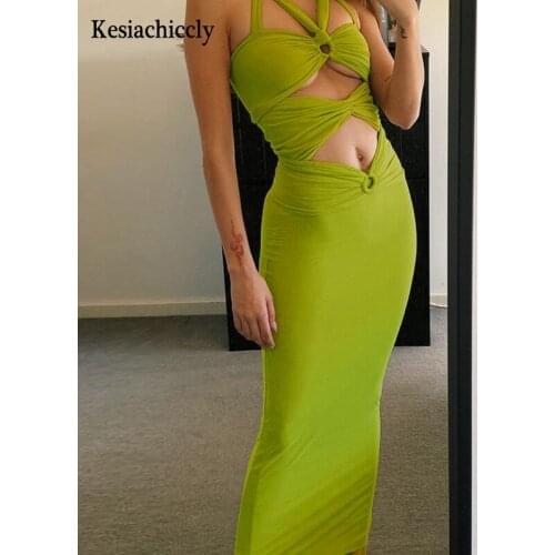 Kesiachiccly Women Spaghetti Strap Dress Summer Hollow Out Sleeveless Slim Clothing New Lady Casual Backless Long Dresses Mujer