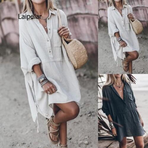 Womens Shirt Collar Dress Casual Loose Solid Color Large Size Dress Cotton and Linen Mid-Length Dress