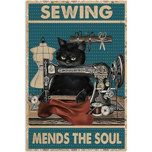 Cat Sewing Tin Sign Retro Kitchen Restaurant Farm Bathroom People Cave Farm Wall Decoration Iron Metal Plate
