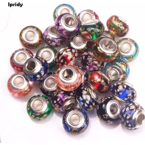 20Pcs/lot 14mm Mix Flower European Beads with Silver Brass Pipe core,Large Hole Glass Beads for Jewelry Making