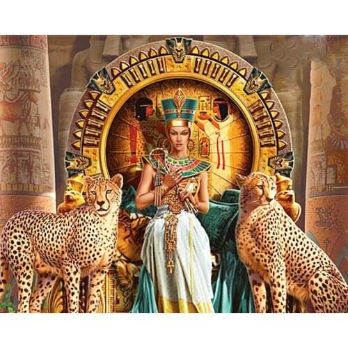 5D Round Diamond Painting Mosaic Leopard Painting Egyptian Pharaoh Beauty Two Leopards Guards DIY 3D Diamond Embroidery Picture