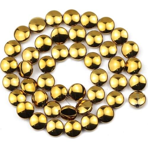 6/8/10MM Gold Charm Flat Round Coin Natural Hematite Stone Loose Beads For Handmade Bracelet Making Diy Trendy Pendant Necklace