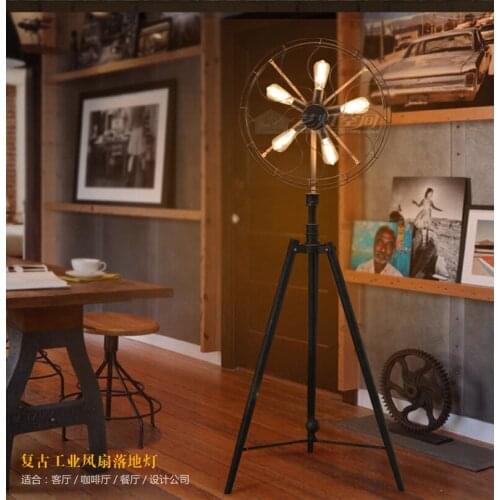 American country LOFT Industrial Fan floor lamp wrought iron retro living room bedroom standing lamp