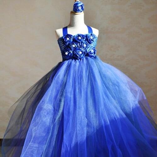 Girls Royal Blue Flower Tutu Dress Kids Tulle Dress Ball Gown with Pearl Roses and Hairbow Children Evening Party Costumes Dress