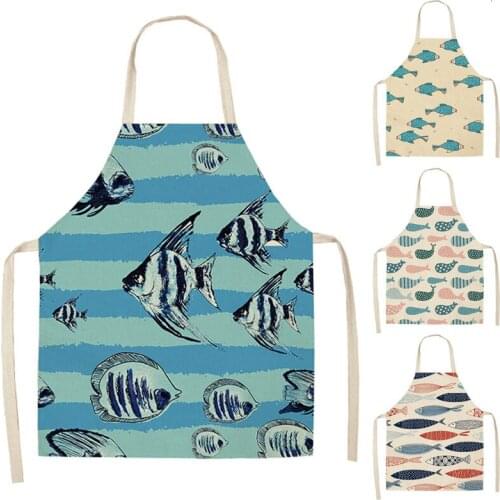 1Pcs Fish Marine Style Cotton Linen Kitchen Apron 53*65cm for Woman Home Cooking Baking Coffee Shop Cleaning Accessory