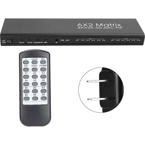 HDMI Matrices 6X2 High Definition Switch Splitter 6 In 2 Out Support ARC Pass Back Function 100‑240V cable