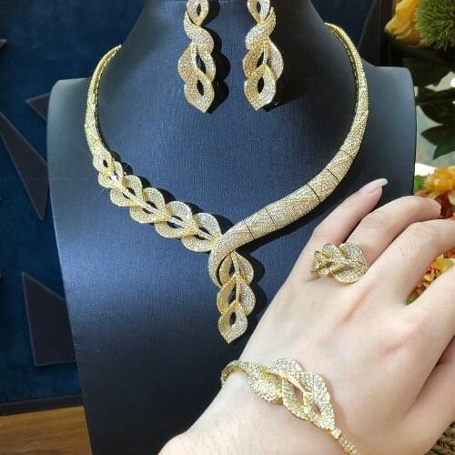 KellyBola Luxury High Quality Zircon Geometric Twist Necklace Bracelet Earring Ring 4PCS Dubai Female Noble Wedding Jewelry Set
