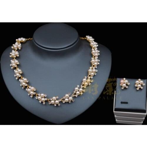 Fashion Simulated Pearl Flower Jewelry Set Inlay Zircon Women Gorgeous Bridal Jewelry Gold Color Necklace Stud Earring Wholesale