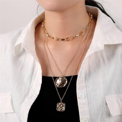 Punk Multilayer Choker Necklace Gold Color Thick Chain Colar Fashion Coin Square Pendants Necklace Women Jewelry