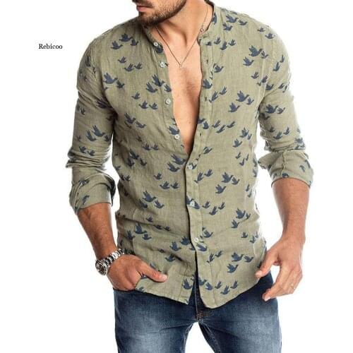 Mens Spring Autumn Casual Print Buttons Long Sleeve Shirt Linen Slim Top New