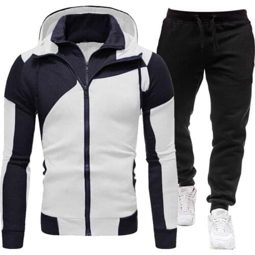 2 Pieces Sports Suit Set Men’ s Long Sleeve Hooded Coat+ Solid Color Long Pants White/Red/Blue/Dark Gray