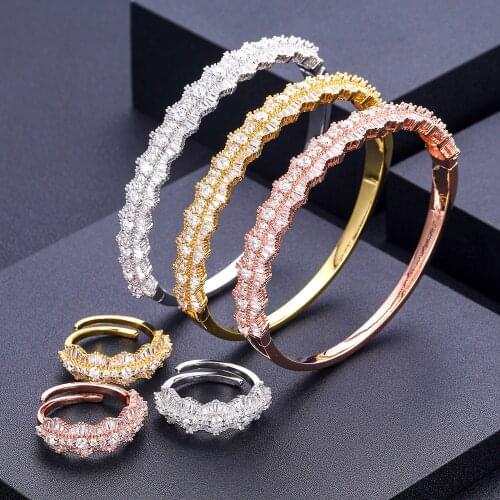 Janekelly luxury Unique African Bangle Ring Set Jewelry Sets For Women Wedding Cubic Zircon Crystal CZ Dubai Bridal Jewelry Set