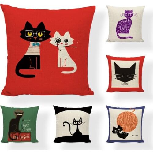 High Quality Black Cats Cushion Covers Geometric Mosaic Linen Printed Home Decor Baby Room Dining Chair Letter Throw Pillow Case
