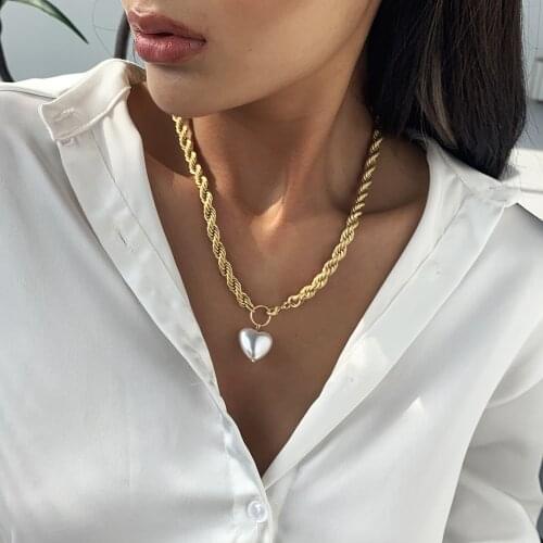 Punk Heart Lock Choker Necklace Toggle Clasp Pearl Pendants Necklace for Women Thicken Neck Chains Collar Jewelry
