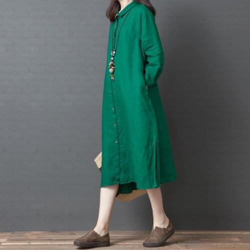 Dress Women Solid Color Spring Autumn Large Size Female Loose Casual Linen Medium-Length Dress Long Sleeve Cotton Linen Dress