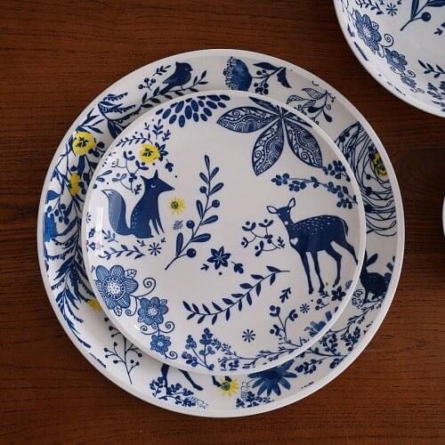 Underglaze color cartoon ceramic plant fox Sika Deer Western food plate family dish steak plate deep bowl