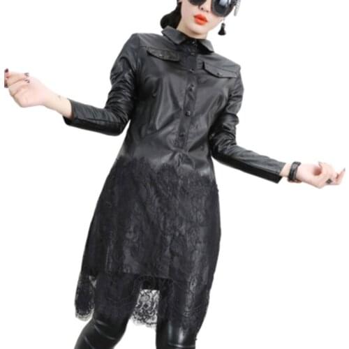 Plus size 5XL!autumn winter fashion pu leather lace patchwork blouse women lapel slim long top shirt