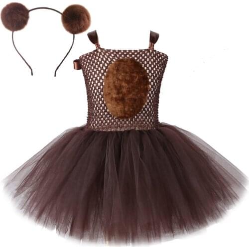 Brown Bear Baby Girls Tutu Dress with Headband Animal Halloween Costumes for Kids Toddler Tulle Outfits Birthday Party Dresses