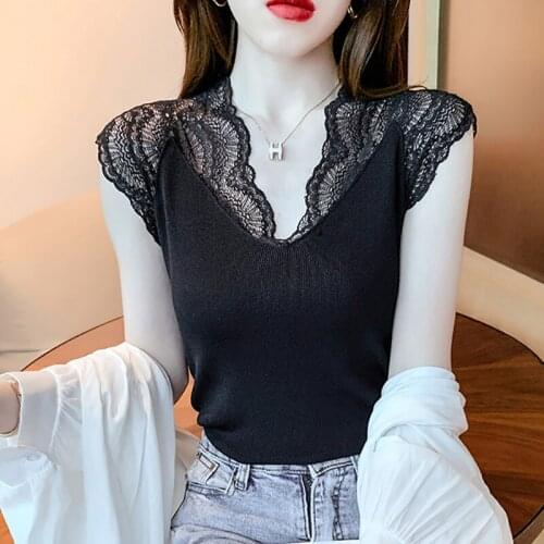 Knitted Lace Tanks Camis Crop Top Women Summer Clothing Tank Tops Sleeveless Sexy V-Neck Vest Hollow Out Black Woman Clothes