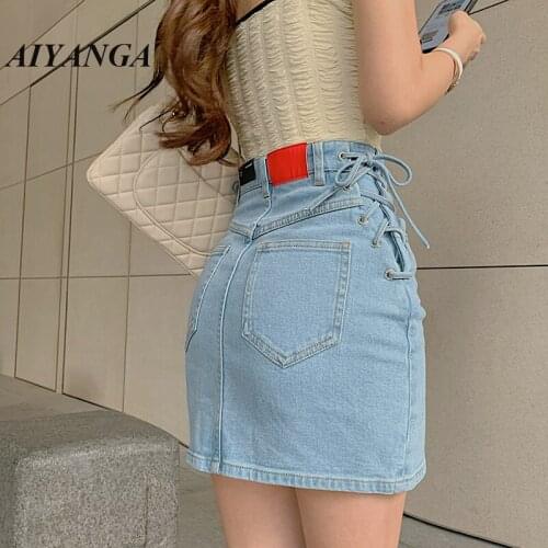 Women Jeans Skirts High Waist Denim Skirt Side Lace-up Mini Skirts New 2021 Summer Streetwear Bottom Female Sexy Blue Saia