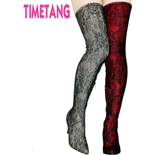 TIMETANG Plus Size 34-44 Elegant Lace Flower Over-the-knee Woman Boots Sexy Pointed Toe Thin Heel Women Thigh High Long Boots