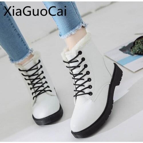 2018 Pu Leather Lace-up Women Ankle Winter Snow Boots Short Plush Fur Warm Winter Snow Boots Flat Ankle Boots