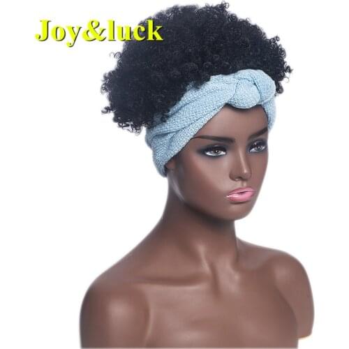 Joy&luck Short Wrap Wig Headband Wigs Fluffy Synthetic Wrp and Wig Linked Turban Wig Kinky Curly Blue Wrp Hair Wigs