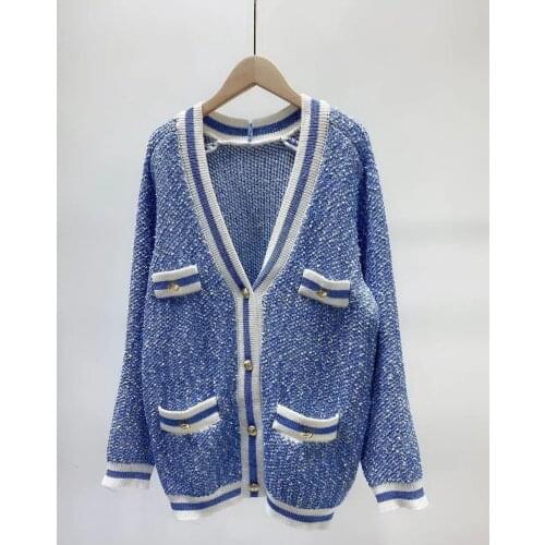 Women V-Neck Blue Knitted Sweater Cardigan 2021 Autumn Winter Ladies Long Sleeve Flash Yarn Knitwear Outwear Tops