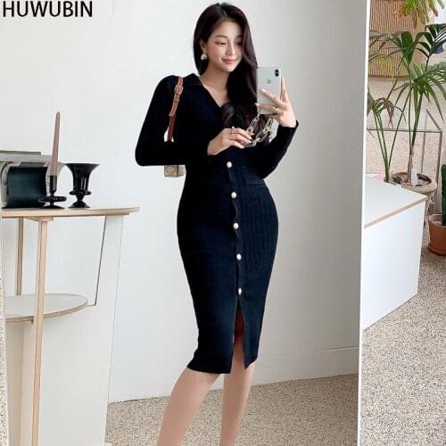 2021 Autumn New Korean High-End Temperament V-Neck Slim Fit Medium And Long Knitted Single Breasted Sweater Bottomed Dress