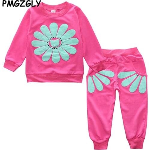 Spring Autumn Girl Childrens Sets 2Pc flower Print long sleeve T-shirt+Pant Summer Kids Baby Set Clothes Cotton Top Clothing