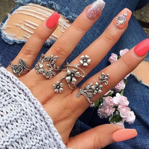 AMORUI Bohemian Vintage Ancient Silver Color Flower Leaf Tree Rings for Women Boho Punk Midi Finger Ring Set Fashion Jewelry