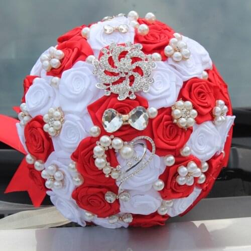 White and Red Wedding Bouquets Satin Ribbon Sweet 15 Quinceanera Bouquets Artificial Flowers Bridal Holding Flowers W112