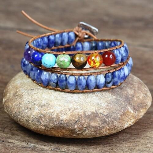 Blue Dot 7 Chakra Bracelet Beads String Charm Wrap Bracelet Double Layer Chakra Yoga Healing Reiki Bracelet Handmade Jewelr Gift