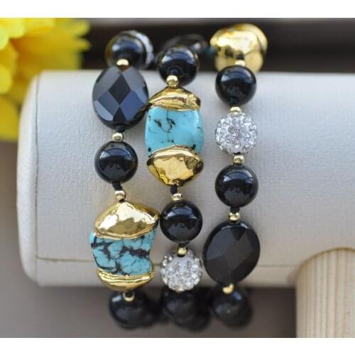 Z10885 3Row 8" Round Black Agate Baroque Turquoise CZ Bead Tower Bracelet