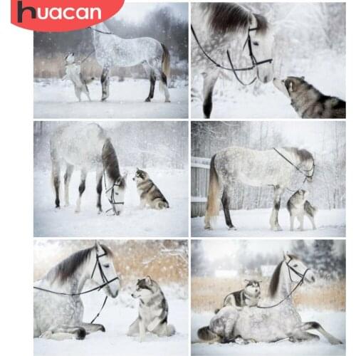 HUACAN Diamond Painting Husky Horse Animals Diamond Mosaic Winter Snow Landscape Wall Sticker Home Decoration
